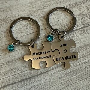 NWT Mother Son Puzzle Piece Keychains Set with Blue Rhinestone Gem